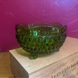 Indiana Glass Vintage Avocado Green Diamond Point Bowl 3 Footed Candy Dish vtg